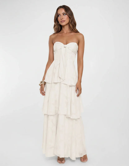 Chiffon Blend Strapless Sweetheart Tiered A-Line Maxi Dress for Party, Cocktail, Evening, Wedding Guest & Summer Events, fron | SKU: LM-482716503914827-IVORY-L,LM-482716503914827-IVORY-M,LM-482716503914827-IVORY-S,LM-482716503914827-IVORY-XL,LM-482716503914827-IVORY-XS