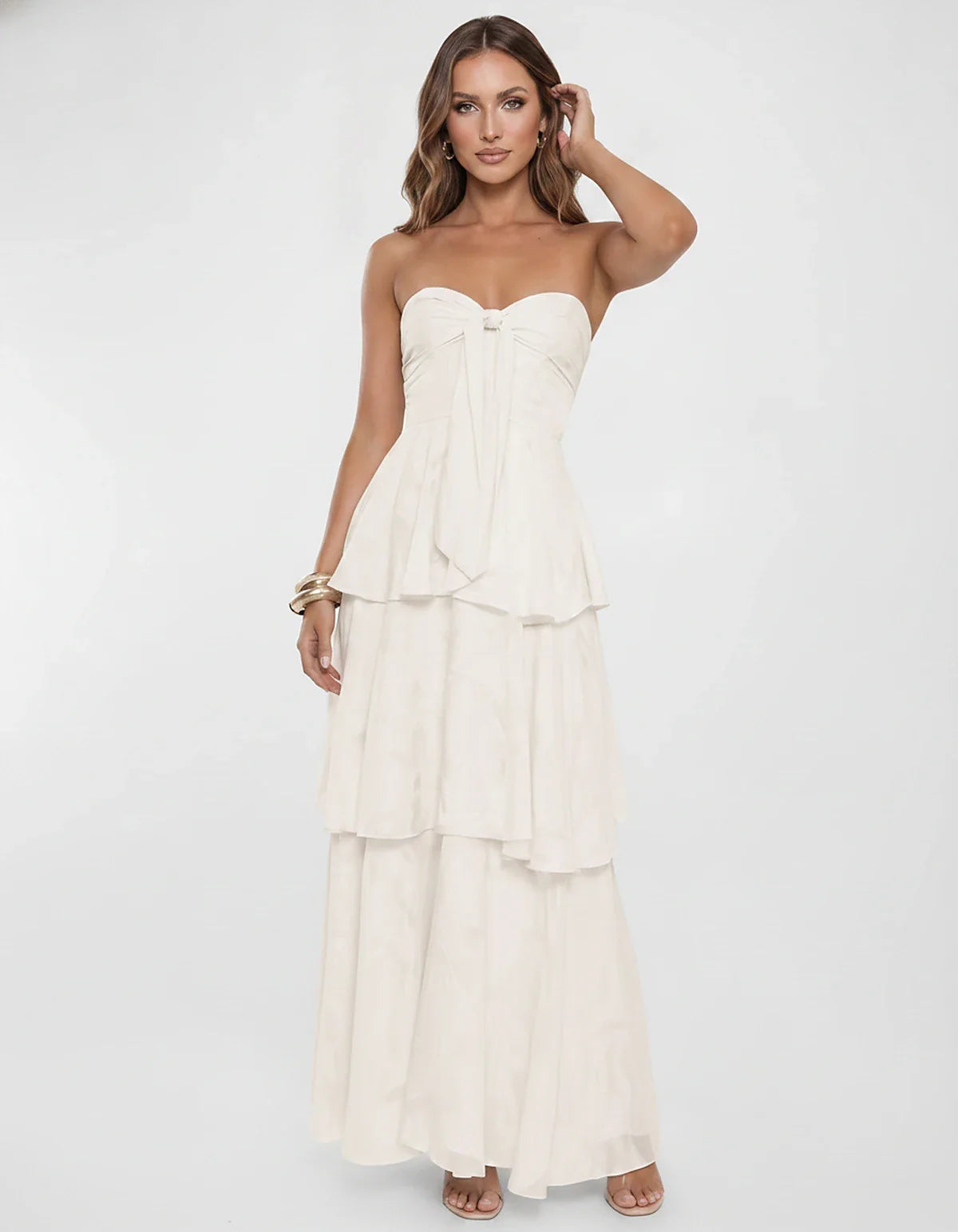 Chiffon Blend Strapless Sweetheart Tiered A-Line Maxi Dress for Party, Cocktail, Evening, Wedding Guest & Summer Events, fron | SKU: LM-482716503914827-IVORY-L,LM-482716503914827-IVORY-M,LM-482716503914827-IVORY-S,LM-482716503914827-IVORY-XL,LM-482716503914827-IVORY-XS