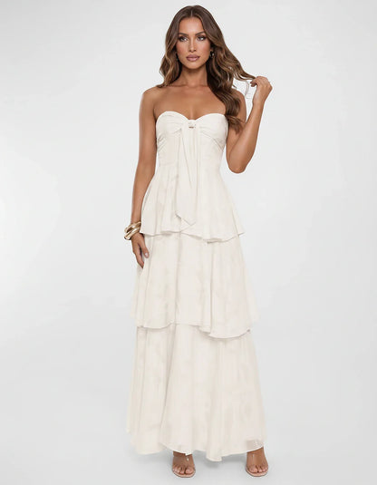 Chiffon Blend Strapless Sweetheart Tiered A-Line Maxi Dress for Party, Cocktail, Evening, Wedding Guest & Summer Events, fron | SKU: LM-482716503914827-IVORY-L,LM-482716503914827-IVORY-M,LM-482716503914827-IVORY-S,LM-482716503914827-IVORY-XL,LM-482716503914827-IVORY-XS