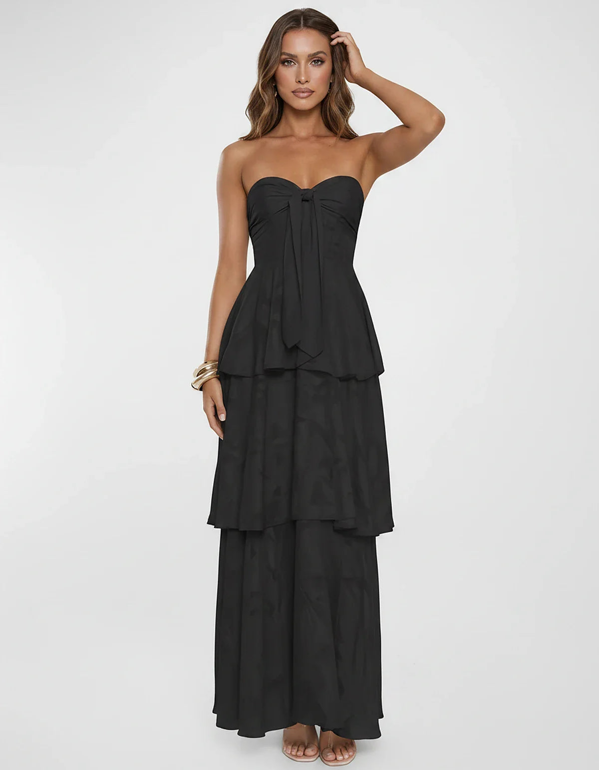 Chiffon Blend Strapless Sweetheart Tiered A-Line Maxi Dress for Party, Cocktail, Evening, Wedding Guest & Summer Events, fron | SKU: LM-482716503914827-BLACK-L,LM-482716503914827-BLACK-M,LM-482716503914827-BLACK-S,LM-482716503914827-BLACK-XL,LM-482716503914827-BLACK-XS