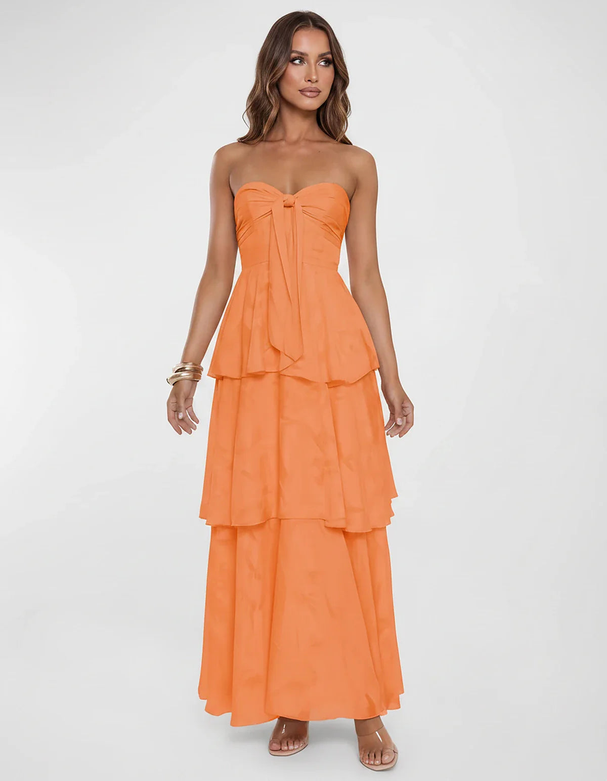 Chiffon Blend Strapless Sweetheart Tiered A-Line Maxi Dress for Party, Cocktail, Evening, Wedding Guest & Summer Events, fron | SKU: LM-482716503914827-ORANGE-L,LM-482716503914827-ORANGE-M,LM-482716503914827-ORANGE-S,LM-482716503914827-ORANGE-XL,LM-482716503914827-ORANGE-XS