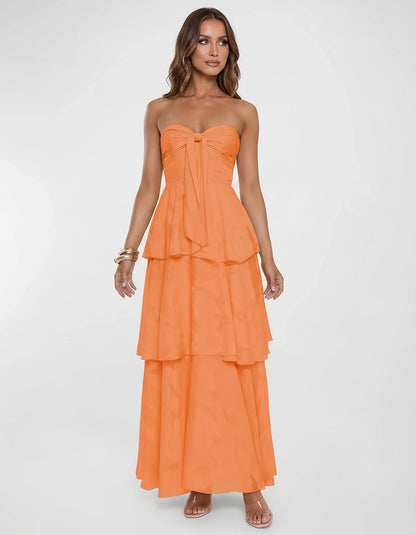 Chiffon Blend Strapless Sweetheart Tiered A-Line Maxi Dress for Party, Cocktail, Evening, Wedding Guest & Summer Events, fron | SKU: LM-482716503914827-ORANGE-L,LM-482716503914827-ORANGE-M,LM-482716503914827-ORANGE-S,LM-482716503914827-ORANGE-XL,LM-482716503914827-ORANGE-XS