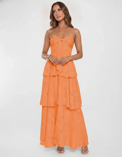 Chiffon Blend Strapless Sweetheart Tiered A-Line Maxi Dress for Party, Cocktail, Evening, Wedding Guest & Summer Events, fron | SKU: LM-482716503914827-ORANGE-L,LM-482716503914827-ORANGE-M,LM-482716503914827-ORANGE-S,LM-482716503914827-ORANGE-XL,LM-482716503914827-ORANGE-XS