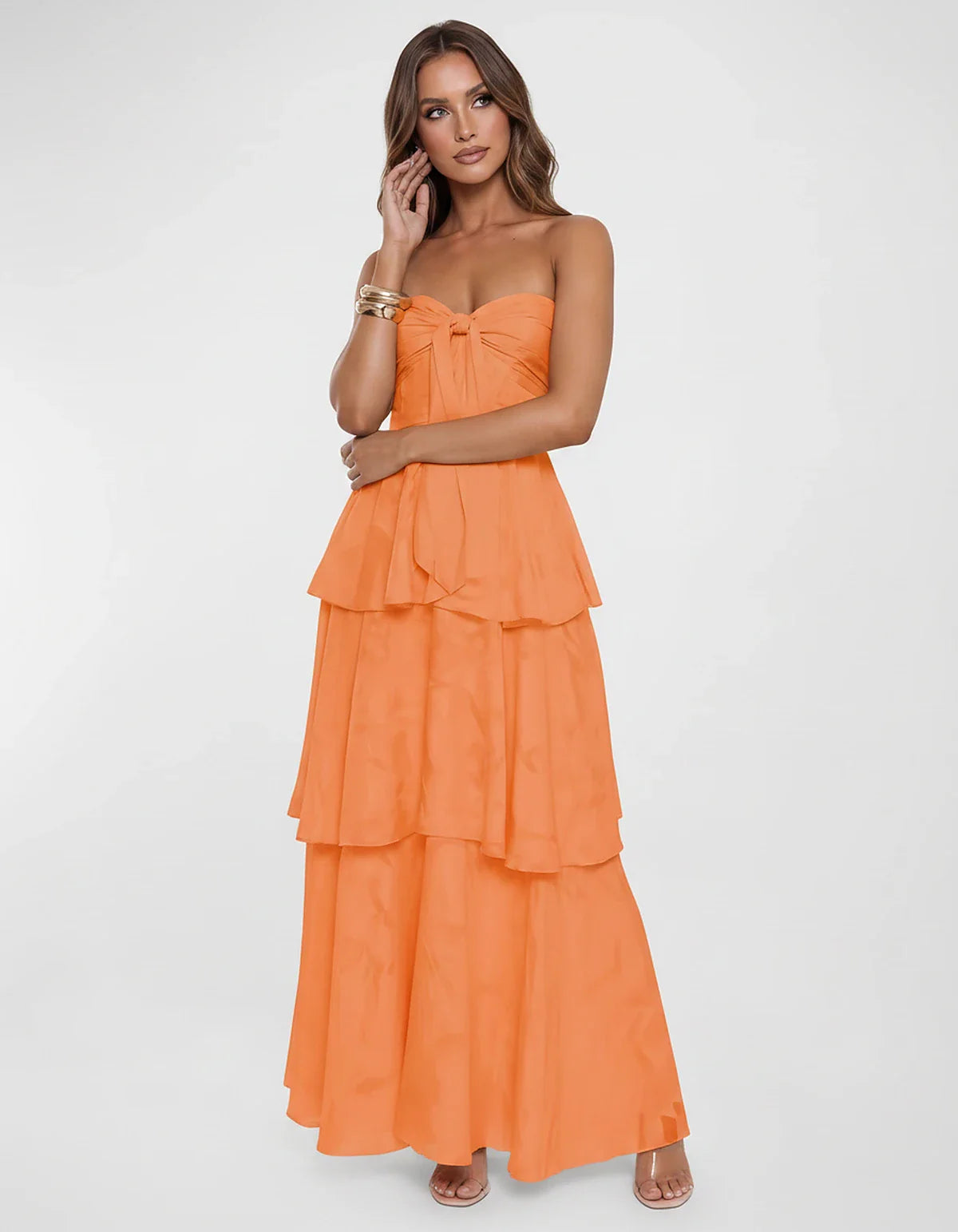 Chiffon Blend Strapless Sweetheart Tiered A-Line Maxi Dress for Party, Cocktail, Evening, Wedding Guest & Summer Events, fron | SKU: LM-482716503914827-ORANGE-L,LM-482716503914827-ORANGE-M,LM-482716503914827-ORANGE-S,LM-482716503914827-ORANGE-XL,LM-482716503914827-ORANGE-XS