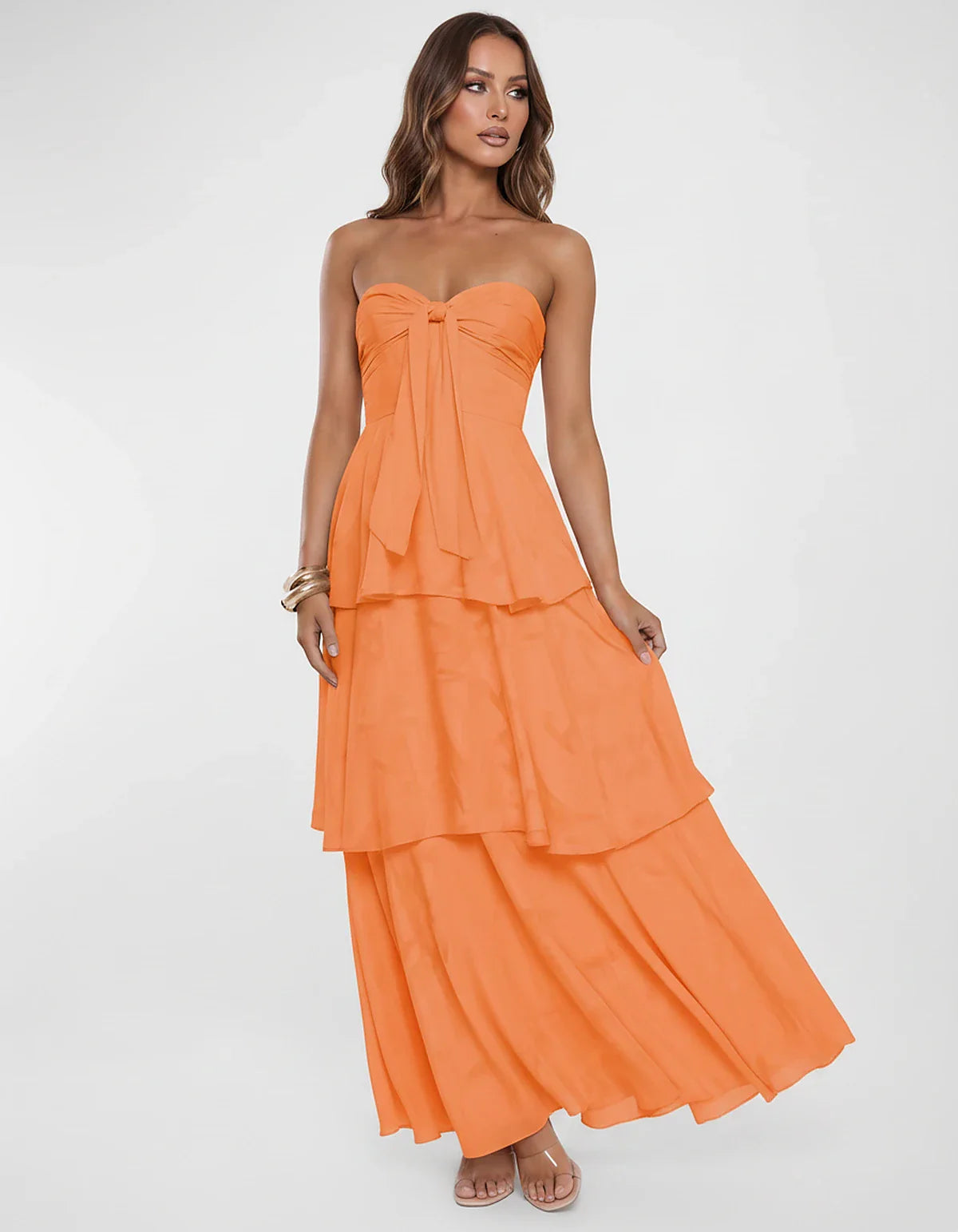 Chiffon Blend Strapless Sweetheart Tiered A-Line Maxi Dress for Party, Cocktail, Evening, Wedding Guest & Summer Events, fron | SKU: LM-482716503914827-ORANGE-L,LM-482716503914827-ORANGE-M,LM-482716503914827-ORANGE-S,LM-482716503914827-ORANGE-XL,LM-482716503914827-ORANGE-XS