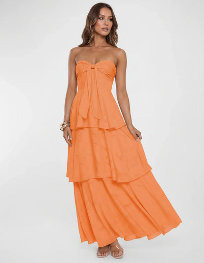 Chiffon Blend Strapless Sweetheart Tiered A-Line Maxi Dress for Party, Cocktail, Evening, Wedding Guest & Summer Events, fron | SKU: LM-482716503914827-ORANGE-L,LM-482716503914827-ORANGE-M,LM-482716503914827-ORANGE-S,LM-482716503914827-ORANGE-XL,LM-482716503914827-ORANGE-XS