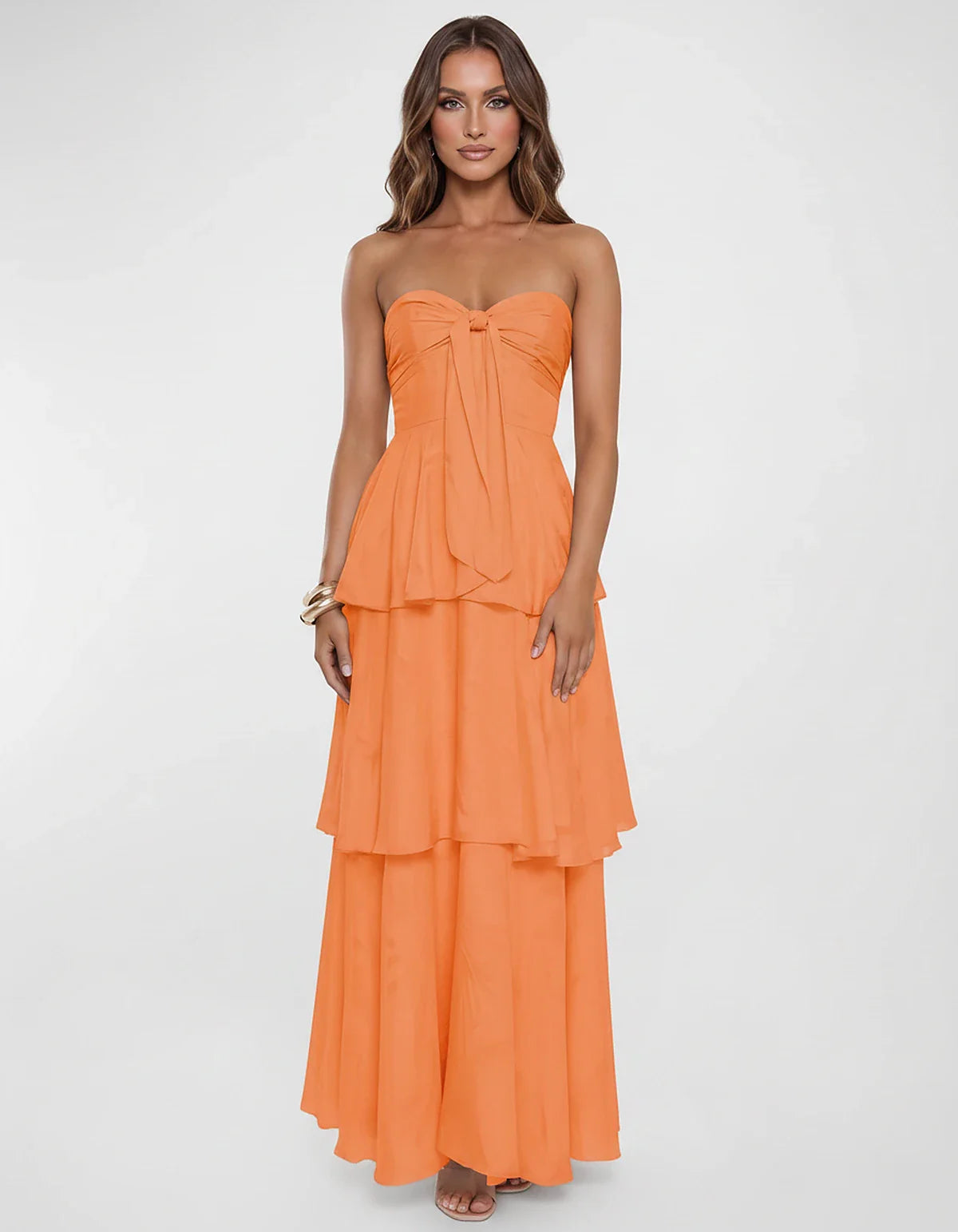 Chiffon Blend Strapless Sweetheart Tiered A-Line Maxi Dress for Party, Cocktail, Evening, Wedding Guest & Summer Events, fron | SKU: LM-482716503914827-ORANGE-L,LM-482716503914827-ORANGE-M,LM-482716503914827-ORANGE-S,LM-482716503914827-ORANGE-XL,LM-482716503914827-ORANGE-XS
