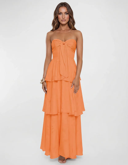 Chiffon Blend Strapless Sweetheart Tiered A-Line Maxi Dress for Party, Cocktail, Evening, Wedding Guest & Summer Events, fron | SKU: LM-482716503914827-ORANGE-L,LM-482716503914827-ORANGE-M,LM-482716503914827-ORANGE-S,LM-482716503914827-ORANGE-XL,LM-482716503914827-ORANGE-XS
