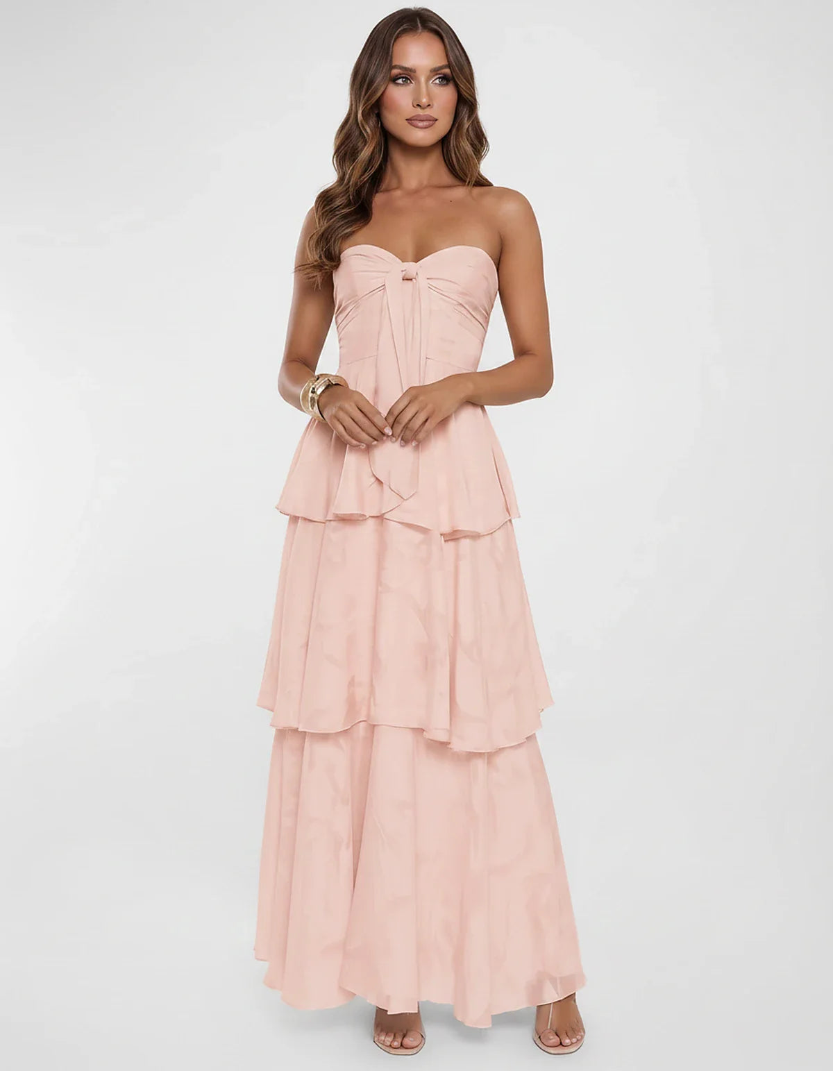 Chiffon Blend Strapless Sweetheart Tiered A-Line Maxi Dress for Party, Cocktail, Evening, Wedding Guest & Summer Events, fron | SKU: LM-482716503914827-BLUSH-L,LM-482716503914827-BLUSH-M,LM-482716503914827-BLUSH-S,LM-482716503914827-BLUSH-XL,LM-482716503914827-BLUSH-XS