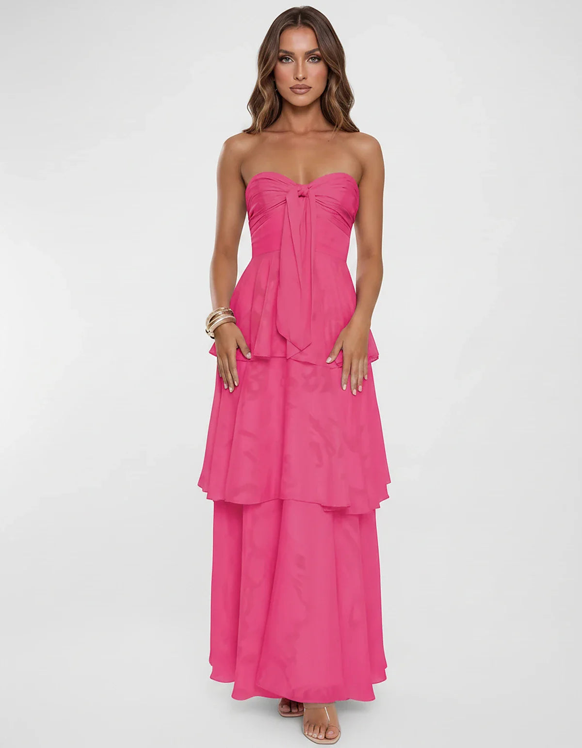 Chiffon Blend Strapless Sweetheart Tiered A-Line Maxi Dress for Party, Cocktail, Evening, Wedding Guest & Summer Events, fron | SKU: LM-482716503914827-HOTPINK-L,LM-482716503914827-HOTPINK-M,LM-482716503914827-HOTPINK-S,LM-482716503914827-HOTPINK-XL,LM-482716503914827-HOTPINK-XS