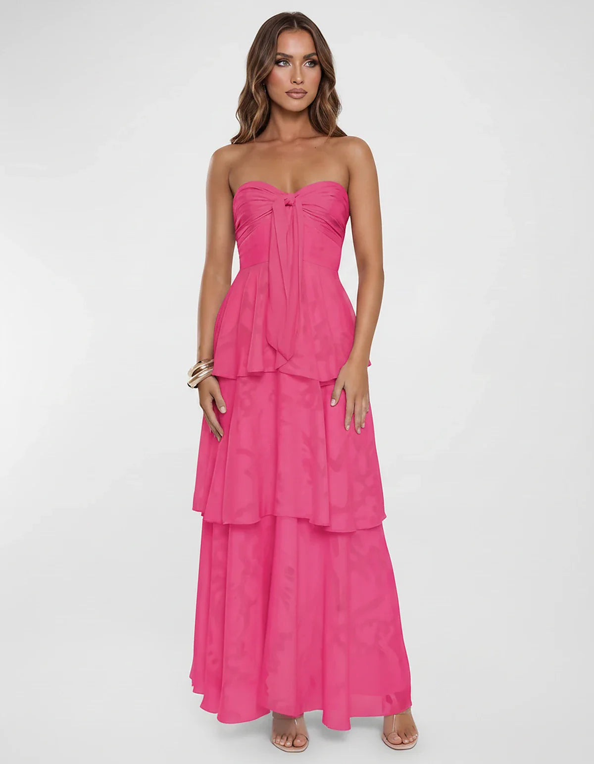 Chiffon Blend Strapless Sweetheart Tiered A-Line Maxi Dress for Party, Cocktail, Evening, Wedding Guest & Summer Events, fron | SKU: LM-482716503914827-HOTPINK-L,LM-482716503914827-HOTPINK-M,LM-482716503914827-HOTPINK-S,LM-482716503914827-HOTPINK-XL,LM-482716503914827-HOTPINK-XS