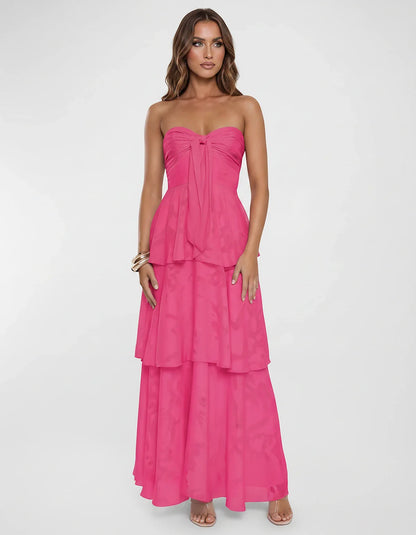 Chiffon Blend Strapless Sweetheart Tiered A-Line Maxi Dress for Party, Cocktail, Evening, Wedding Guest & Summer Events, fron | SKU: LM-482716503914827-HOTPINK-L,LM-482716503914827-HOTPINK-M,LM-482716503914827-HOTPINK-S,LM-482716503914827-HOTPINK-XL,LM-482716503914827-HOTPINK-XS