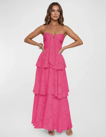 Chiffon Blend Strapless Sweetheart Tiered A-Line Maxi Dress for Party, Cocktail, Evening, Wedding Guest & Summer Events, fron | SKU: LM-482716503914827-HOTPINK-L,LM-482716503914827-HOTPINK-M,LM-482716503914827-HOTPINK-S,LM-482716503914827-HOTPINK-XL,LM-482716503914827-HOTPINK-XS