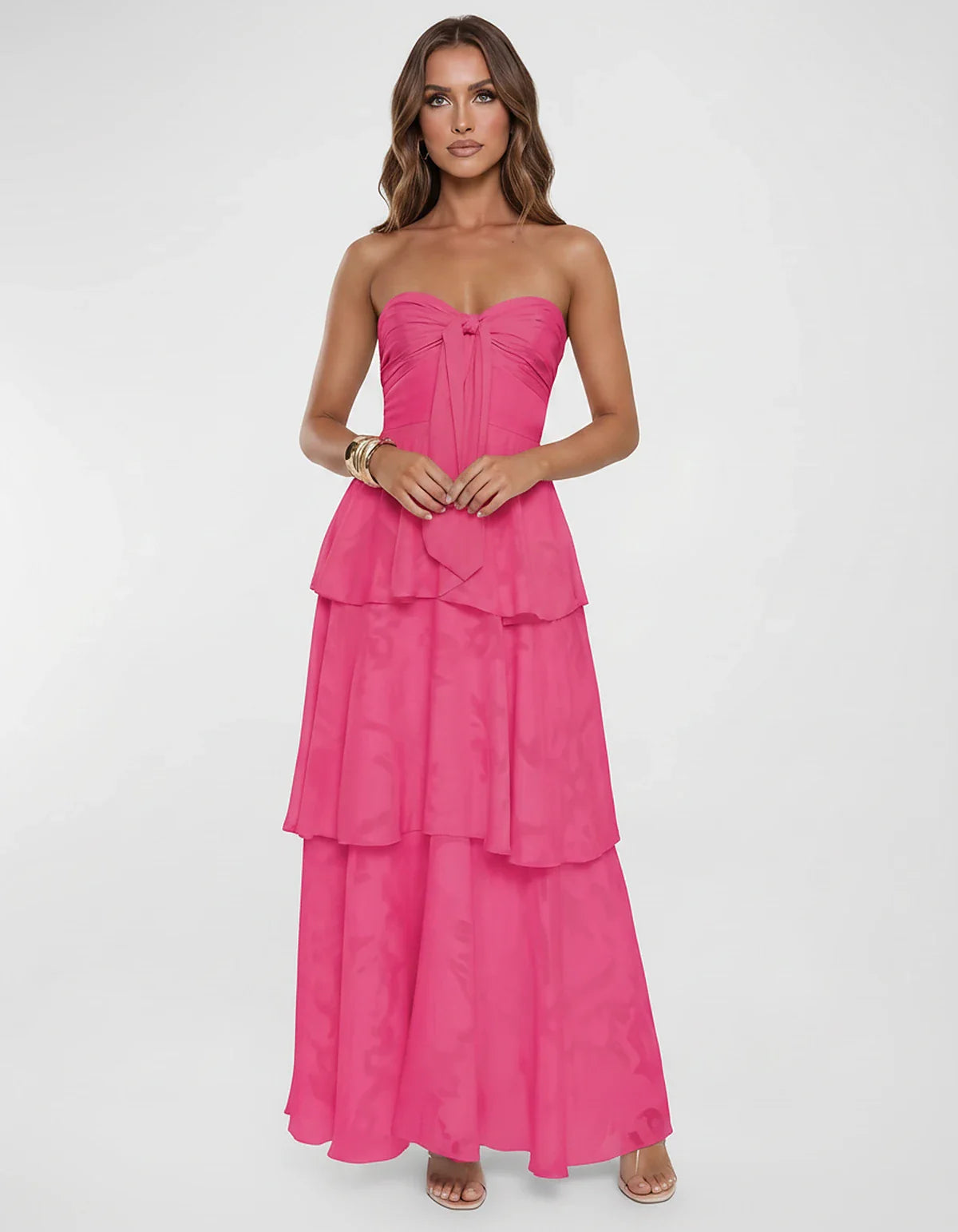 Chiffon Blend Strapless Sweetheart Tiered A-Line Maxi Dress for Party, Cocktail, Evening, Wedding Guest & Summer Events, fron | SKU: LM-482716503914827-HOTPINK-L,LM-482716503914827-HOTPINK-M,LM-482716503914827-HOTPINK-S,LM-482716503914827-HOTPINK-XL,LM-482716503914827-HOTPINK-XS