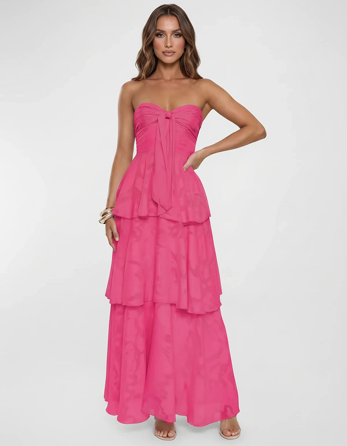 Chiffon Blend Strapless Sweetheart Tiered A-Line Maxi Dress for Party, Cocktail, Evening, Wedding Guest & Summer Events, fron | SKU: LM-482716503914827-HOTPINK-L,LM-482716503914827-HOTPINK-M,LM-482716503914827-HOTPINK-S,LM-482716503914827-HOTPINK-XL,LM-482716503914827-HOTPINK-XS