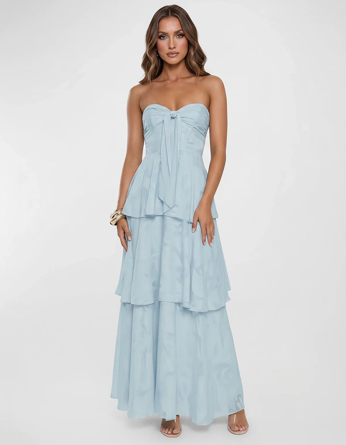 Chiffon Blend Strapless Sweetheart Tiered A-Line Maxi Dress for Party, Cocktail, Evening, Wedding Guest & Summer Events, fron | SKU: LM-482716503914827-LIGHTBLUE-L,LM-482716503914827-LIGHTBLUE-M,LM-482716503914827-LIGHTBLUE-S,LM-482716503914827-LIGHTBLUE-XL,LM-482716503914827-LIGHTBLUE-XS
