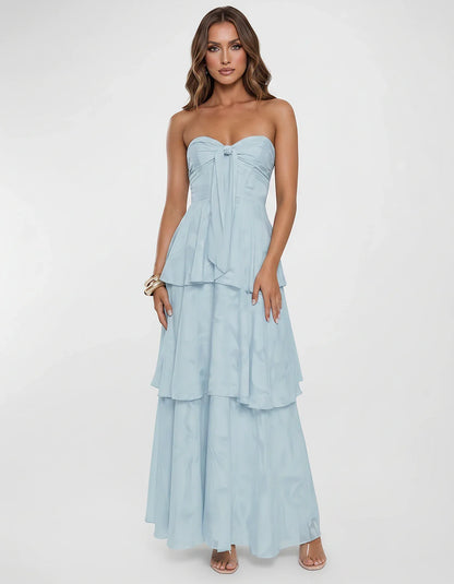 Chiffon Blend Strapless Sweetheart Tiered A-Line Maxi Dress for Party, Cocktail, Evening, Wedding Guest & Summer Events, fron | SKU: LM-482716503914827-LIGHTBLUE-L,LM-482716503914827-LIGHTBLUE-M,LM-482716503914827-LIGHTBLUE-S,LM-482716503914827-LIGHTBLUE-XL,LM-482716503914827-LIGHTBLUE-XS