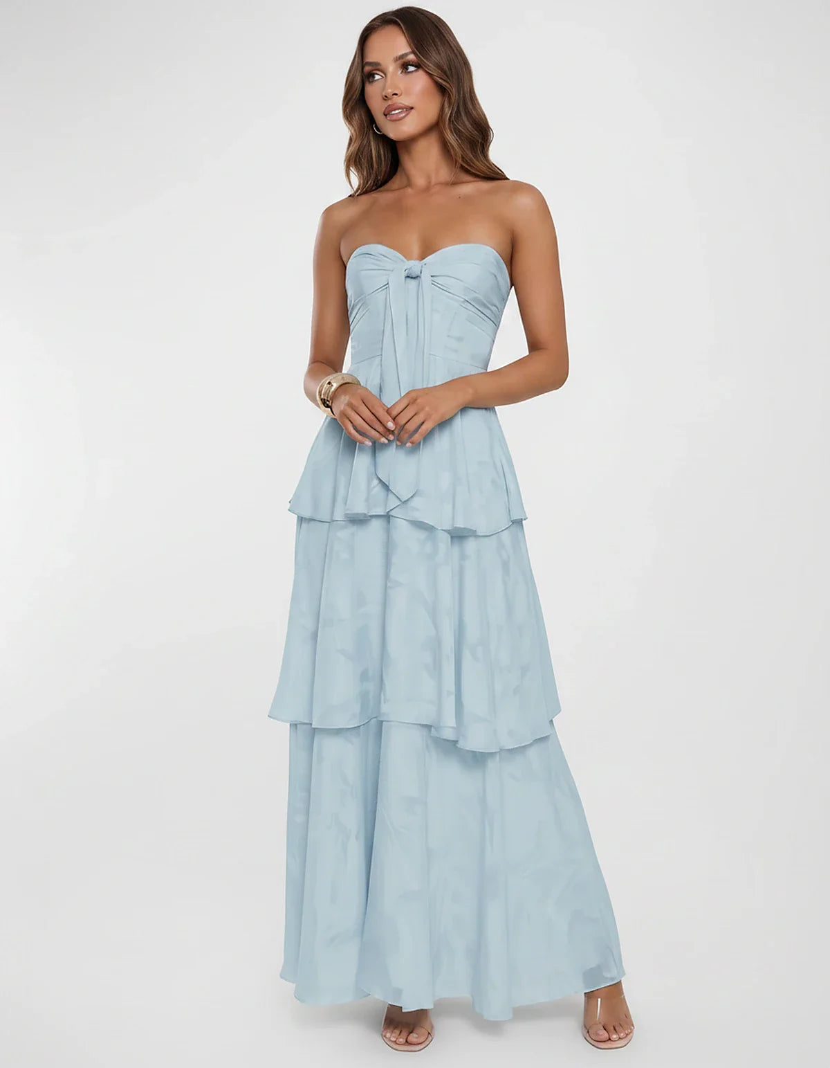 Chiffon Blend Strapless Sweetheart Tiered A-Line Maxi Dress for Party, Cocktail, Evening, Wedding Guest & Summer Events, fron | SKU: LM-482716503914827-LIGHTBLUE-L,LM-482716503914827-LIGHTBLUE-M,LM-482716503914827-LIGHTBLUE-S,LM-482716503914827-LIGHTBLUE-XL,LM-482716503914827-LIGHTBLUE-XS