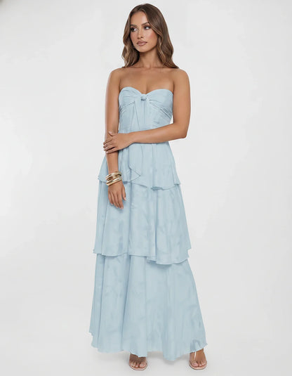 Chiffon Blend Strapless Sweetheart Tiered A-Line Maxi Dress for Party, Cocktail, Evening, Wedding Guest & Summer Events, fron | SKU: LM-482716503914827-LIGHTBLUE-L,LM-482716503914827-LIGHTBLUE-M,LM-482716503914827-LIGHTBLUE-S,LM-482716503914827-LIGHTBLUE-XL,LM-482716503914827-LIGHTBLUE-XS