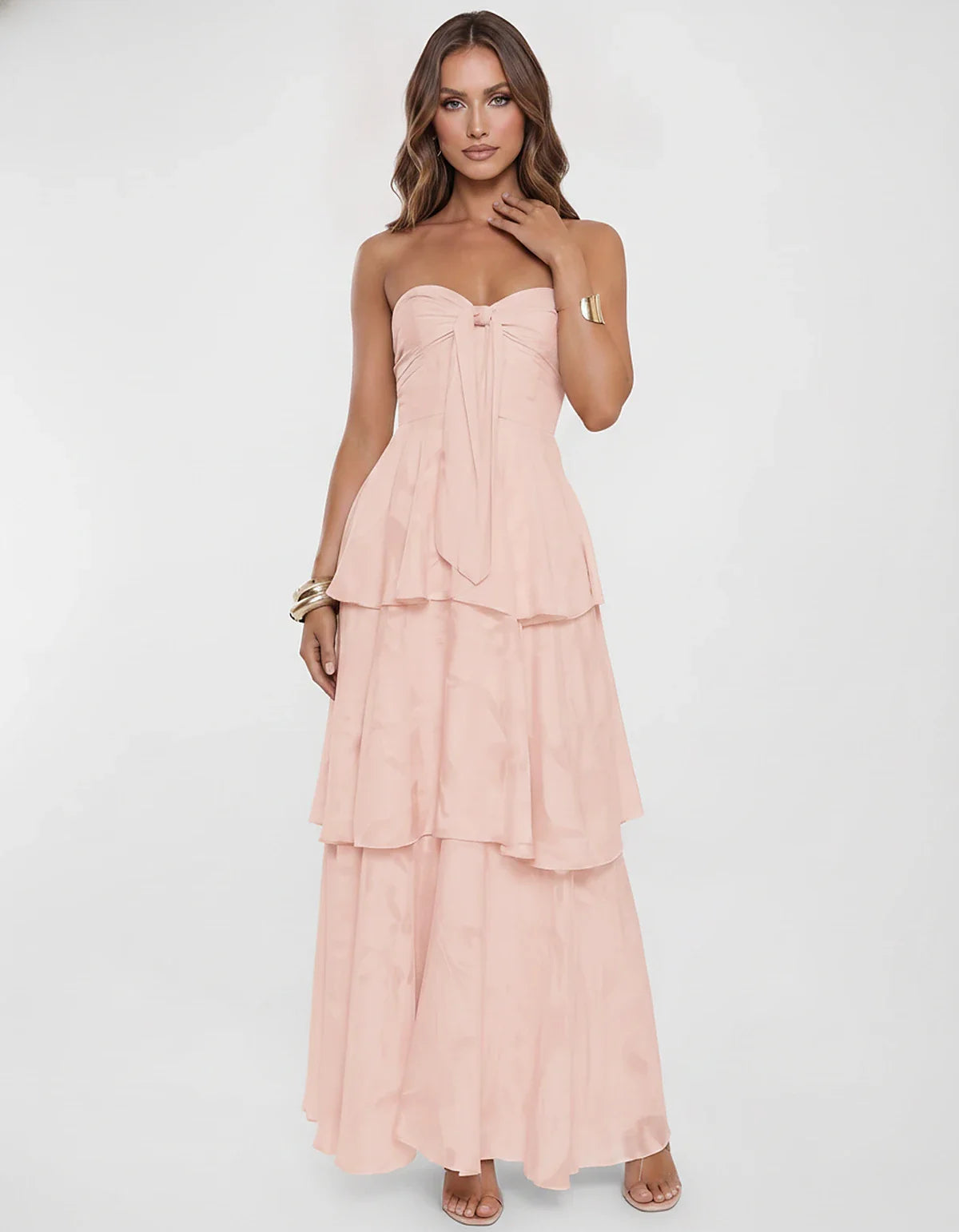 Chiffon Blend Strapless Sweetheart Tiered A-Line Maxi Dress for Party, Cocktail, Evening, Wedding Guest & Summer Events, fron | SKU: LM-482716503914827-BLUSH-L,LM-482716503914827-BLUSH-M,LM-482716503914827-BLUSH-S,LM-482716503914827-BLUSH-XL,LM-482716503914827-BLUSH-XS