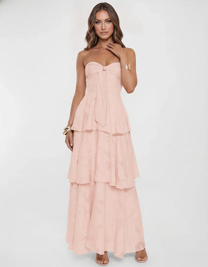 Chiffon Blend Strapless Sweetheart Tiered A-Line Maxi Dress for Party, Cocktail, Evening, Wedding Guest & Summer Events, fron | SKU: LM-482716503914827-BLUSH-L,LM-482716503914827-BLUSH-M,LM-482716503914827-BLUSH-S,LM-482716503914827-BLUSH-XL,LM-482716503914827-BLUSH-XS