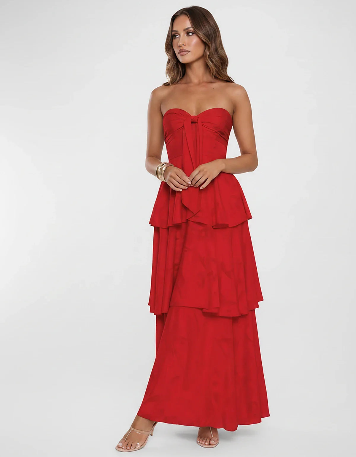 Chiffon Blend Strapless Sweetheart Tiered A-Line Maxi Dress for Party, Cocktail, Evening, Wedding Guest & Summer Events, fron | SKU: LM-482716503914827-RED-L,LM-482716503914827-RED-M,LM-482716503914827-RED-S,LM-482716503914827-RED-XL,LM-482716503914827-RED-XS