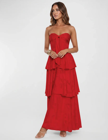 Chiffon Blend Strapless Sweetheart Tiered A-Line Maxi Dress for Party, Cocktail, Evening, Wedding Guest & Summer Events, fron | SKU: LM-482716503914827-RED-L,LM-482716503914827-RED-M,LM-482716503914827-RED-S,LM-482716503914827-RED-XL,LM-482716503914827-RED-XS