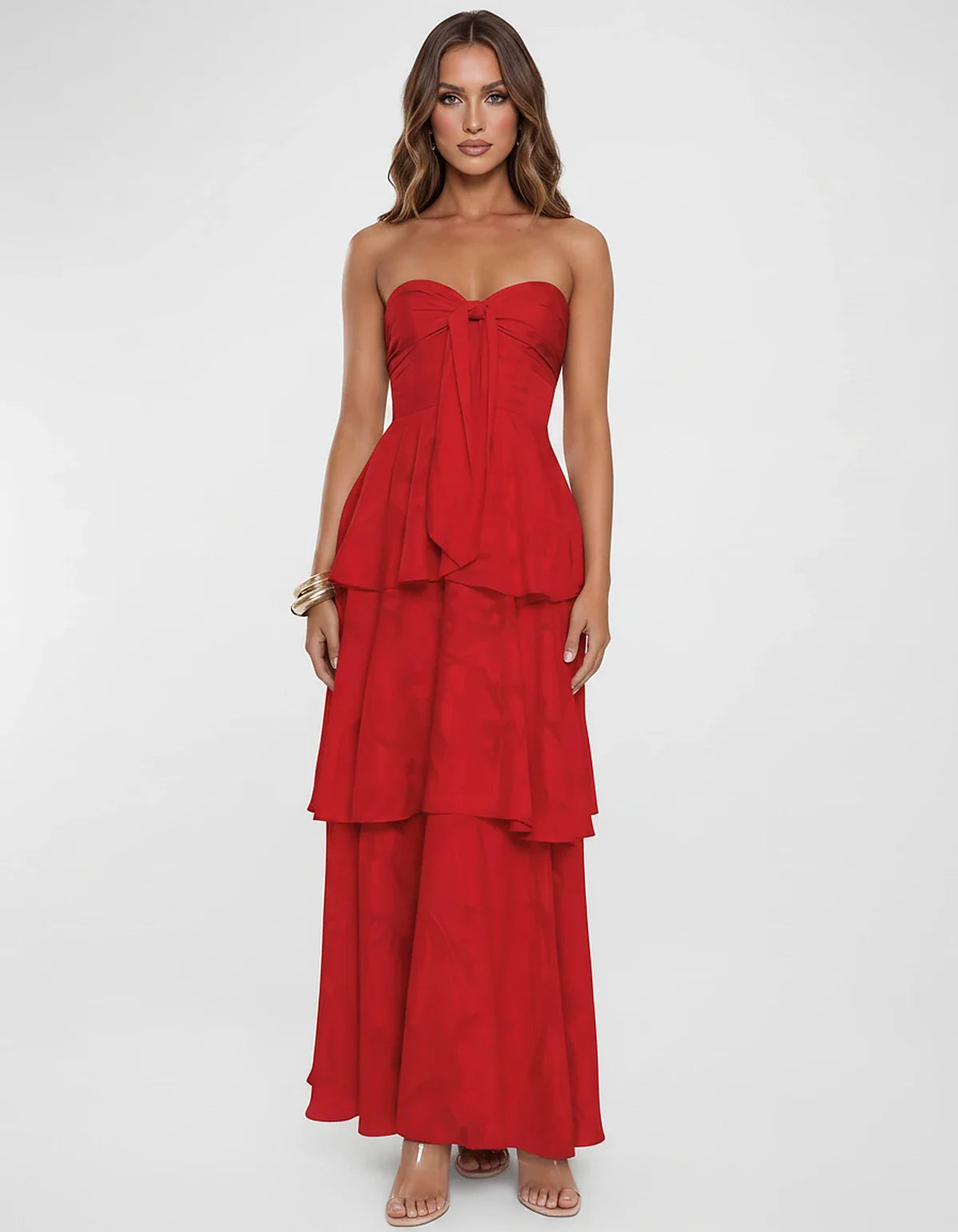 Chiffon Blend Strapless Sweetheart Tiered A-Line Maxi Dress for Party, Cocktail, Evening, Wedding Guest & Summer Events, fron | SKU: LM-482716503914827-RED-L,LM-482716503914827-RED-M,LM-482716503914827-RED-S,LM-482716503914827-RED-XL,LM-482716503914827-RED-XS
