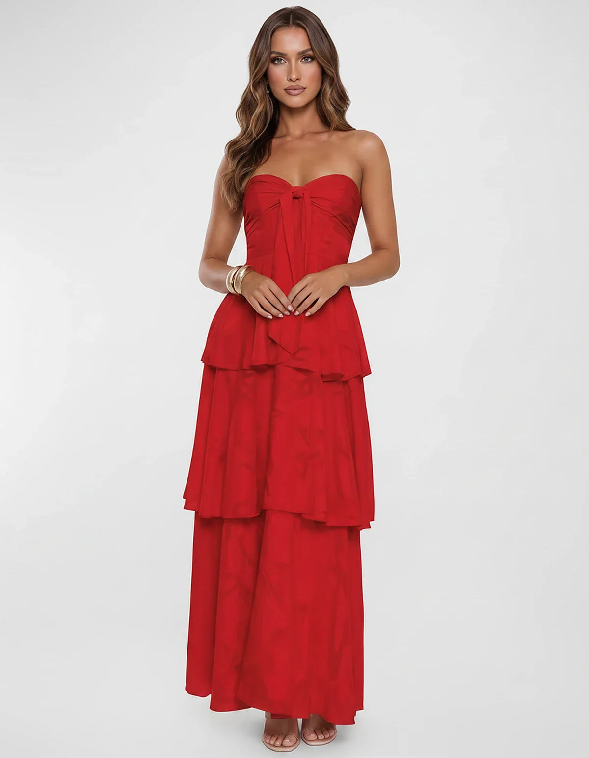 Chiffon Blend Strapless Sweetheart Tiered A-Line Maxi Dress for Party, Cocktail, Evening, Wedding Guest & Summer Events, fron | SKU: LM-482716503914827-RED-L,LM-482716503914827-RED-M,LM-482716503914827-RED-S,LM-482716503914827-RED-XL,LM-482716503914827-RED-XS