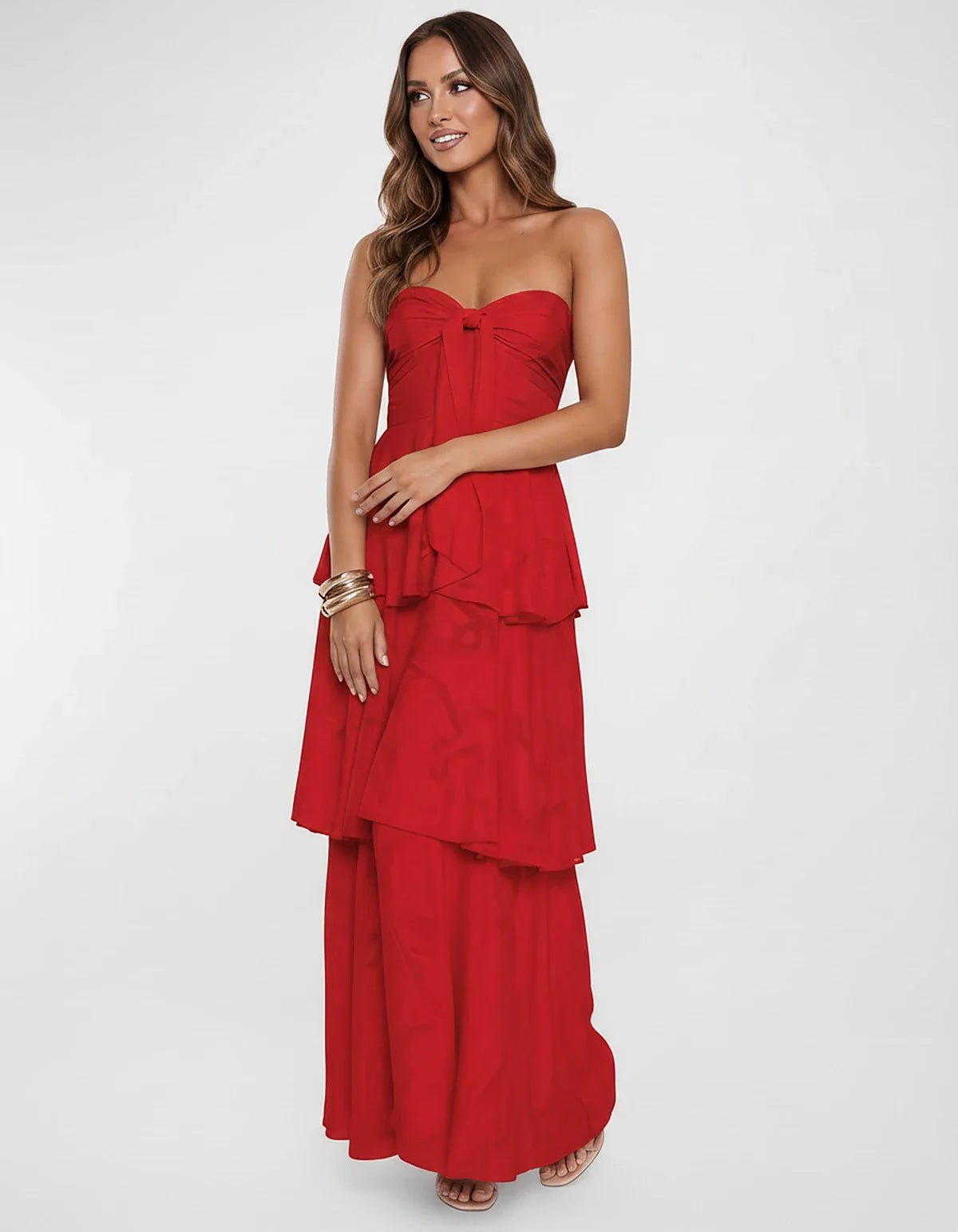 Chiffon Blend Strapless Sweetheart Tiered A-Line Maxi Dress for Party, Cocktail, Evening, Wedding Guest & Summer Events, fron | SKU: LM-482716503914827-RED-L,LM-482716503914827-RED-M,LM-482716503914827-RED-S,LM-482716503914827-RED-XL,LM-482716503914827-RED-XS