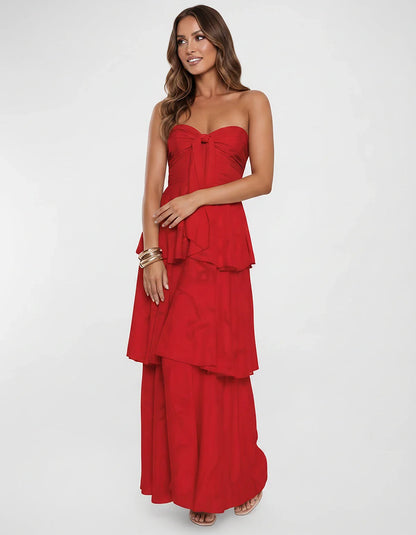 Chiffon Blend Strapless Sweetheart Tiered A-Line Maxi Dress for Party, Cocktail, Evening, Wedding Guest & Summer Events, fron | SKU: LM-482716503914827-RED-L,LM-482716503914827-RED-M,LM-482716503914827-RED-S,LM-482716503914827-RED-XL,LM-482716503914827-RED-XS