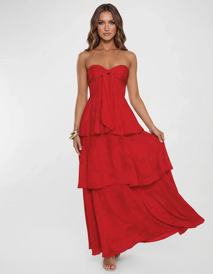 Chiffon Blend Strapless Sweetheart Tiered A-Line Maxi Dress for Party, Cocktail, Evening, Wedding Guest & Summer Events, fron | SKU: LM-482716503914827-RED-L,LM-482716503914827-RED-M,LM-482716503914827-RED-S,LM-482716503914827-RED-XL,LM-482716503914827-RED-XS