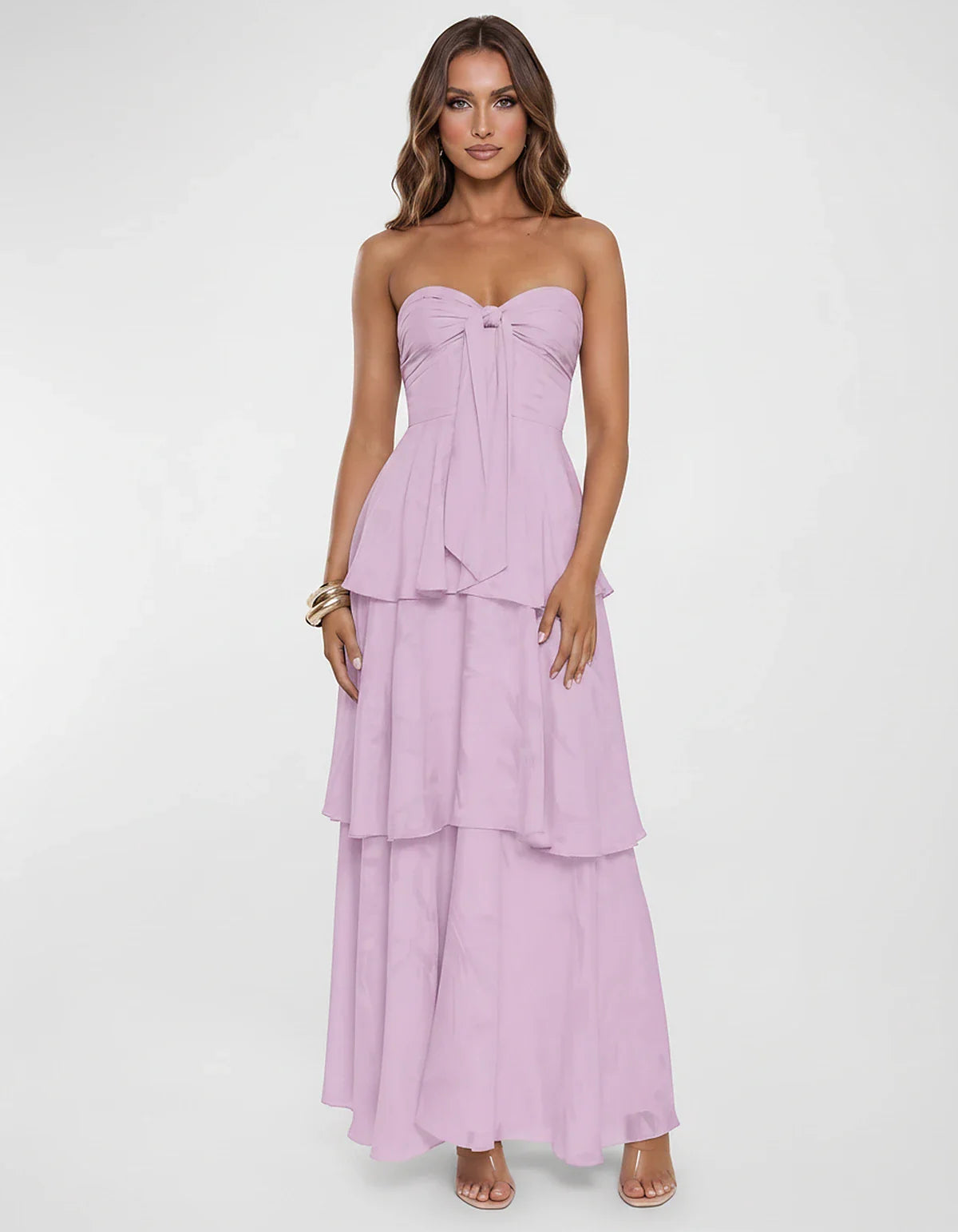 Chiffon Blend Strapless Sweetheart Tiered A-Line Maxi Dress for Party, Cocktail, Evening, Wedding Guest & Summer Events, fron | SKU: LM-482716503914827-LILAC-L,LM-482716503914827-LILAC-M,LM-482716503914827-LILAC-S,LM-482716503914827-LILAC-XL,LM-482716503914827-LILAC-XS
