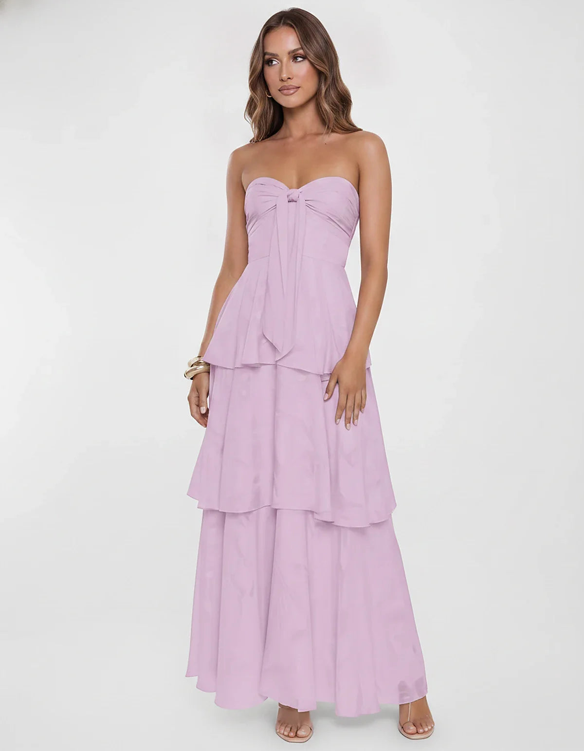 Chiffon Blend Strapless Sweetheart Tiered A-Line Maxi Dress for Party, Cocktail, Evening, Wedding Guest & Summer Events, fron | SKU: LM-482716503914827-LILAC-L,LM-482716503914827-LILAC-M,LM-482716503914827-LILAC-S,LM-482716503914827-LILAC-XL,LM-482716503914827-LILAC-XS