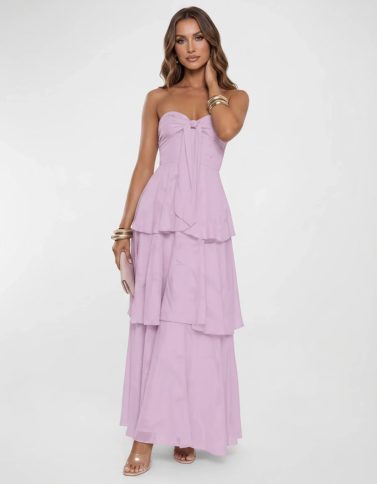 Chiffon Blend Strapless Sweetheart Tiered A-Line Maxi Dress for Party, Cocktail, Evening, Wedding Guest & Summer Events, fron | SKU: LM-482716503914827-LILAC-L,LM-482716503914827-LILAC-M,LM-482716503914827-LILAC-S,LM-482716503914827-LILAC-XL,LM-482716503914827-LILAC-XS