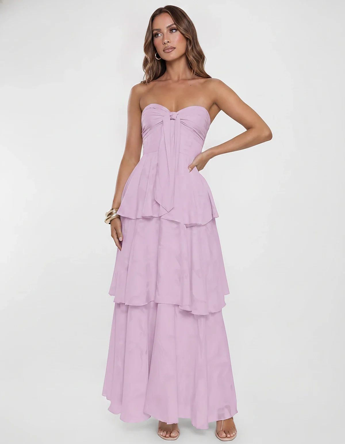 Chiffon Blend Strapless Sweetheart Tiered A-Line Maxi Dress for Party, Cocktail, Evening, Wedding Guest & Summer Events, fron | SKU: LM-482716503914827-LILAC-L,LM-482716503914827-LILAC-M,LM-482716503914827-LILAC-S,LM-482716503914827-LILAC-XL,LM-482716503914827-LILAC-XS