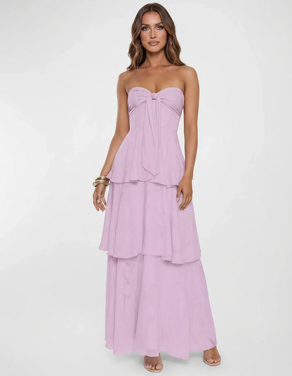 Chiffon Blend Strapless Sweetheart Tiered A-Line Maxi Dress for Party, Cocktail, Evening, Wedding Guest & Summer Events, fron | SKU: LM-482716503914827-LILAC-L,LM-482716503914827-LILAC-M,LM-482716503914827-LILAC-S,LM-482716503914827-LILAC-XL,LM-482716503914827-LILAC-XS
