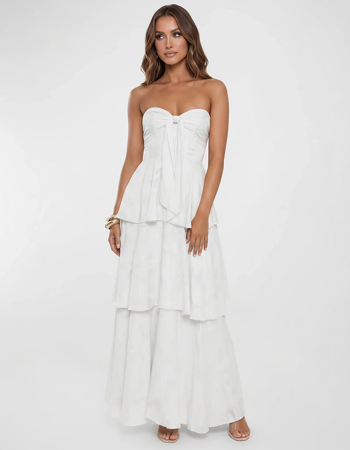Chiffon Blend Strapless Sweetheart Tiered A-Line Maxi Dress for Party, Cocktail, Evening, Wedding Guest & Summer Events, fron | SKU: LM-482716503914827-WHITE-L,LM-482716503914827-WHITE-M,LM-482716503914827-WHITE-S,LM-482716503914827-WHITE-XL,LM-482716503914827-WHITE-XS