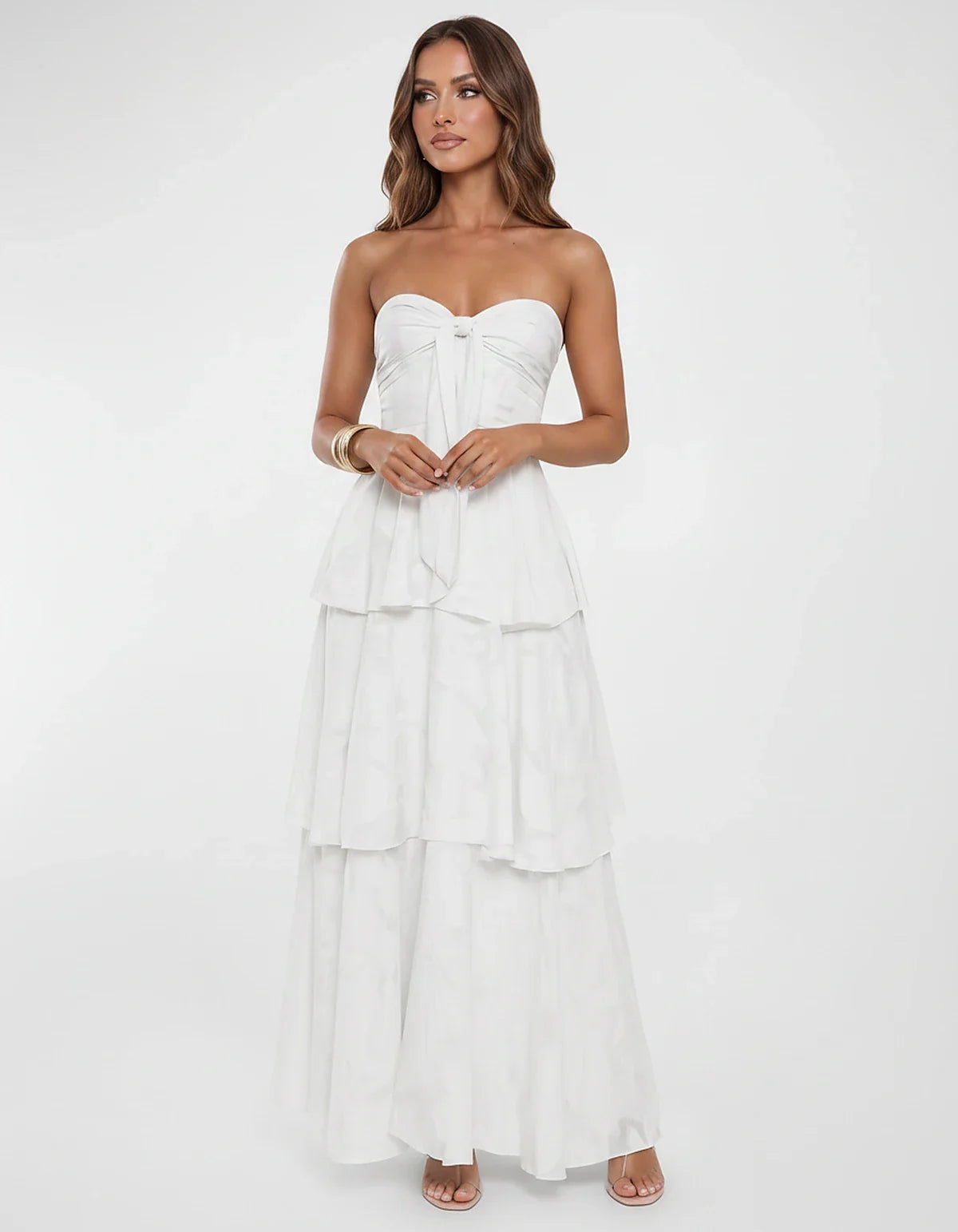 Chiffon Blend Strapless Sweetheart Tiered A-Line Maxi Dress for Party, Cocktail, Evening, Wedding Guest & Summer Events, fron | SKU: LM-482716503914827-WHITE-L,LM-482716503914827-WHITE-M,LM-482716503914827-WHITE-S,LM-482716503914827-WHITE-XL,LM-482716503914827-WHITE-XS