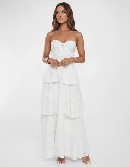 Chiffon Blend Strapless Sweetheart Tiered A-Line Maxi Dress for Party, Cocktail, Evening, Wedding Guest & Summer Events, fron | SKU: LM-482716503914827-WHITE-L,LM-482716503914827-WHITE-M,LM-482716503914827-WHITE-S,LM-482716503914827-WHITE-XL,LM-482716503914827-WHITE-XS