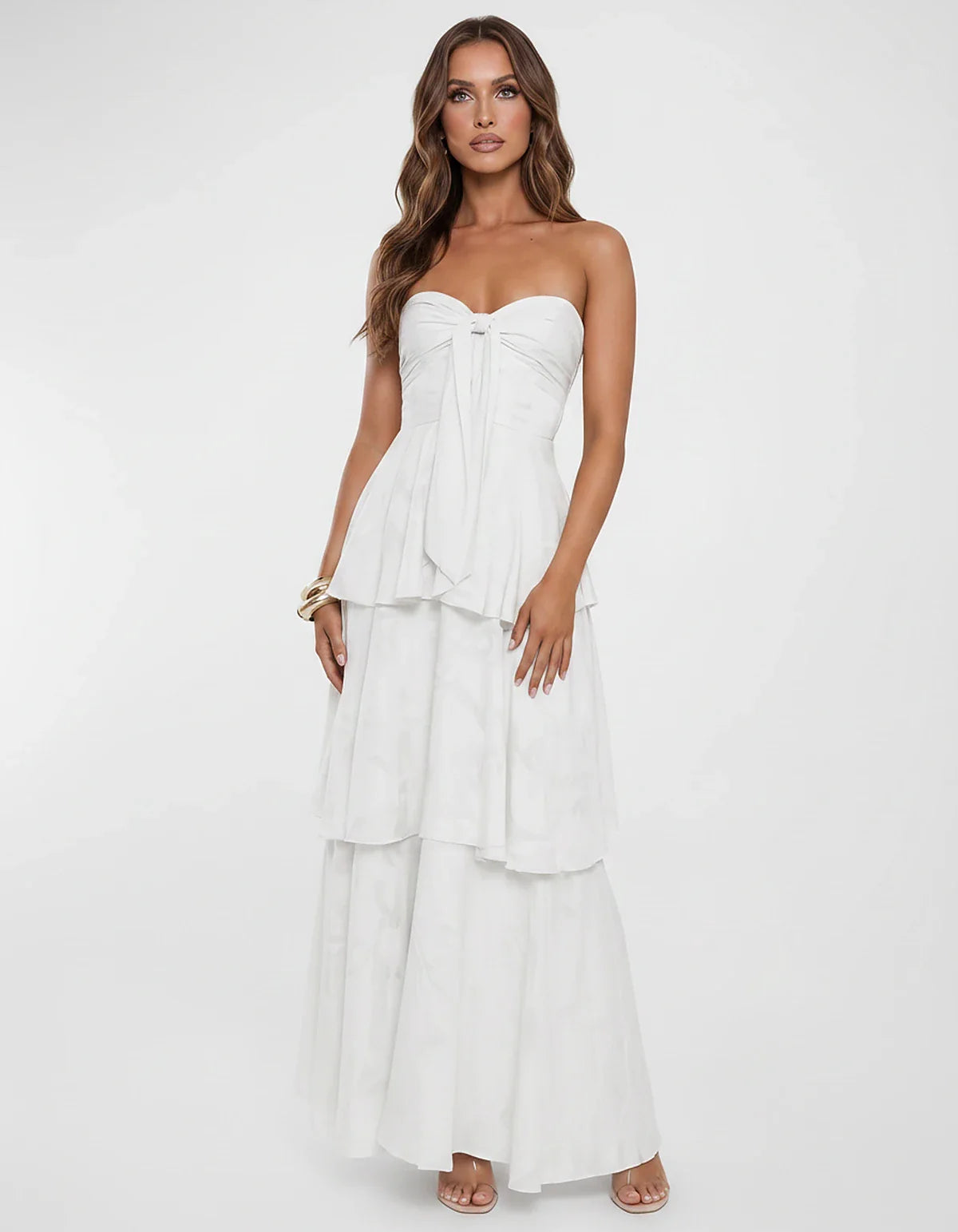 Chiffon Blend Strapless Sweetheart Tiered A-Line Maxi Dress for Party, Cocktail, Evening, Wedding Guest & Summer Events, fron | SKU: LM-482716503914827-WHITE-L,LM-482716503914827-WHITE-M,LM-482716503914827-WHITE-S,LM-482716503914827-WHITE-XL,LM-482716503914827-WHITE-XS