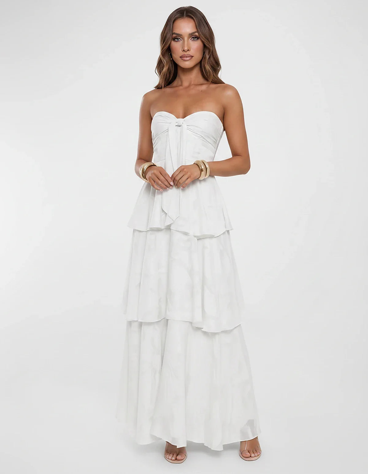 Chiffon Blend Strapless Sweetheart Tiered A-Line Maxi Dress for Party, Cocktail, Evening, Wedding Guest & Summer Events, fron | SKU: LM-482716503914827-WHITE-L,LM-482716503914827-WHITE-M,LM-482716503914827-WHITE-S,LM-482716503914827-WHITE-XL,LM-482716503914827-WHITE-XS