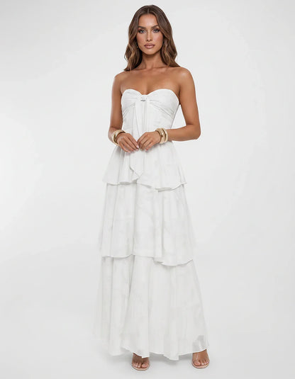 Chiffon Blend Strapless Sweetheart Tiered A-Line Maxi Dress for Party, Cocktail, Evening, Wedding Guest & Summer Events, fron | SKU: LM-482716503914827-WHITE-L,LM-482716503914827-WHITE-M,LM-482716503914827-WHITE-S,LM-482716503914827-WHITE-XL,LM-482716503914827-WHITE-XS
