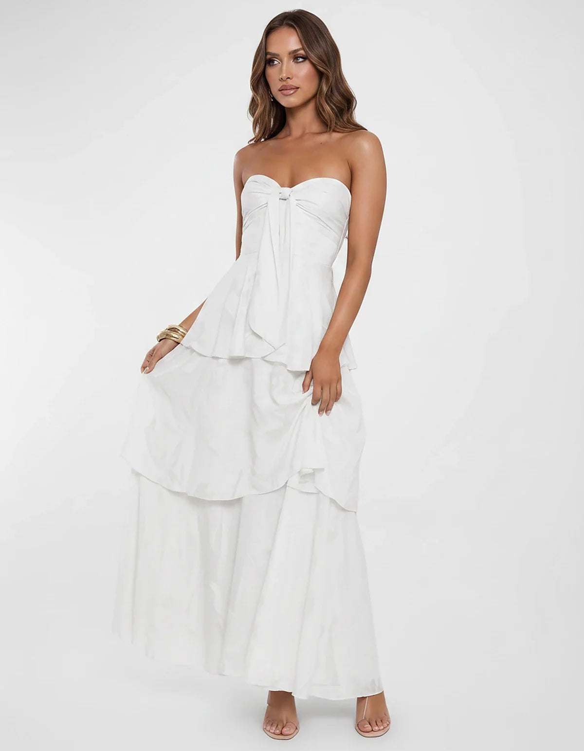 Chiffon Blend Strapless Sweetheart Tiered A-Line Maxi Dress for Party, Cocktail, Evening, Wedding Guest & Summer Events, fron | SKU: LM-482716503914827-WHITE-L,LM-482716503914827-WHITE-M,LM-482716503914827-WHITE-S,LM-482716503914827-WHITE-XL,LM-482716503914827-WHITE-XS