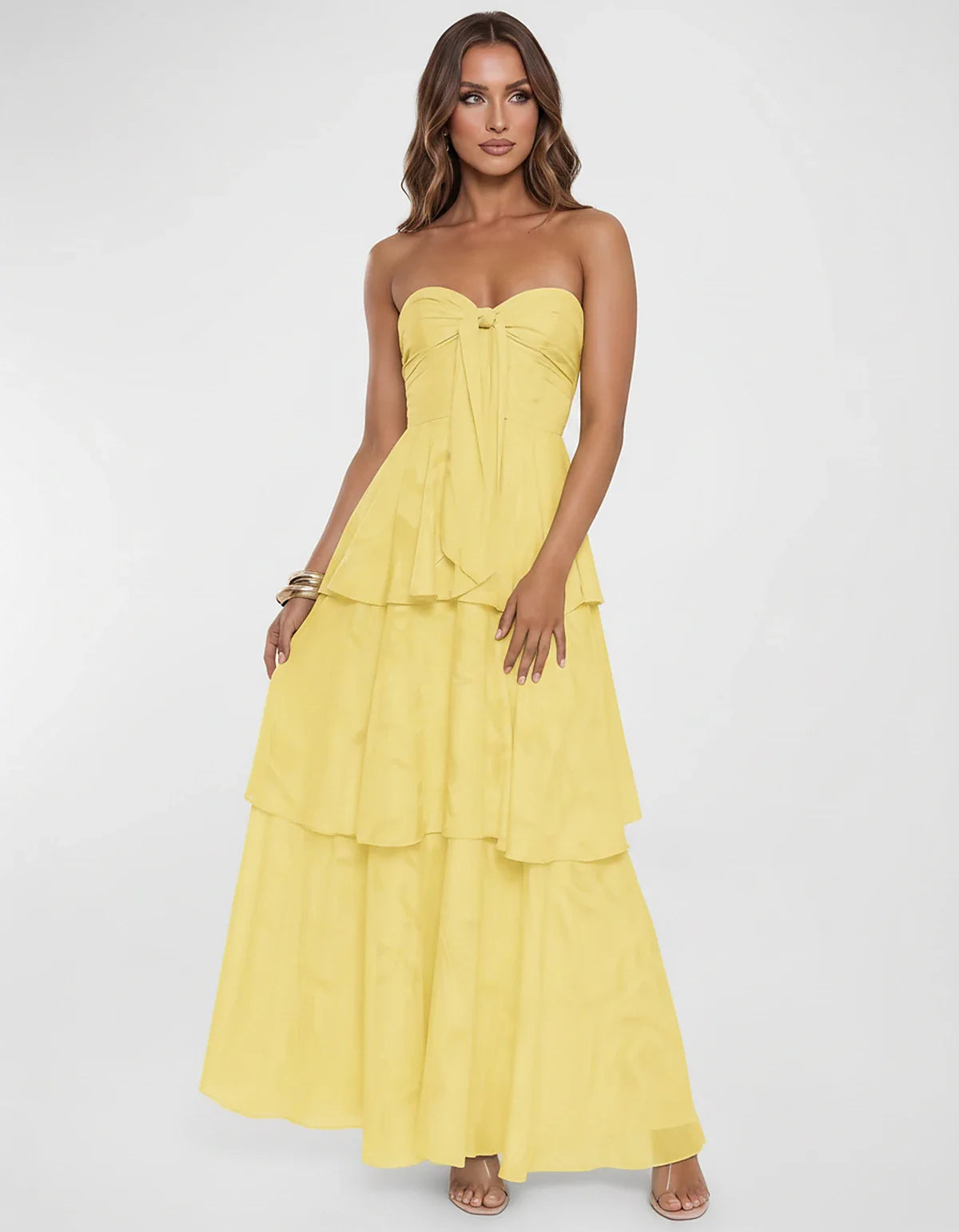 Chiffon Blend Strapless Sweetheart Tiered A-Line Maxi Dress for Party, Cocktail, Evening, Wedding Guest & Summer Events, fron | SKU: LM-482716503914827-YELLOW-L,LM-482716503914827-YELLOW-M,LM-482716503914827-YELLOW-S,LM-482716503914827-YELLOW-XL,LM-482716503914827-YELLOW-XS