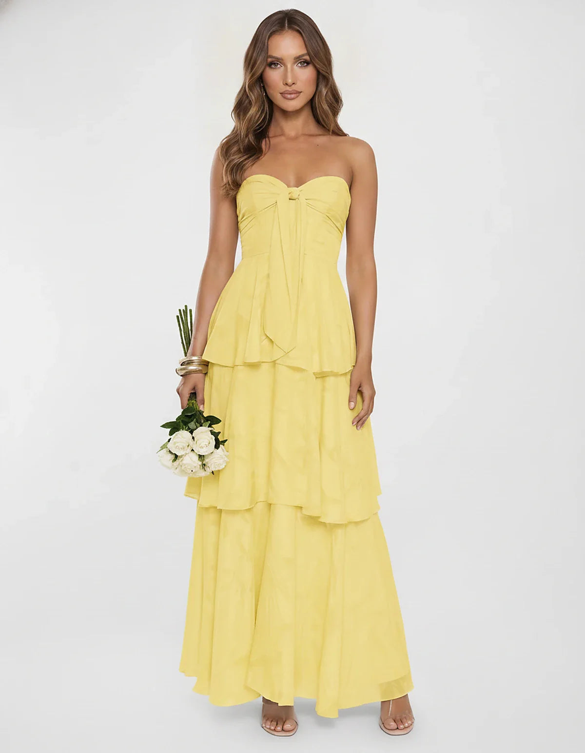 Chiffon Blend Strapless Sweetheart Tiered A-Line Maxi Dress for Party, Cocktail, Evening, Wedding Guest & Summer Events, fron | SKU: LM-482716503914827-YELLOW-L,LM-482716503914827-YELLOW-M,LM-482716503914827-YELLOW-S,LM-482716503914827-YELLOW-XL,LM-482716503914827-YELLOW-XS