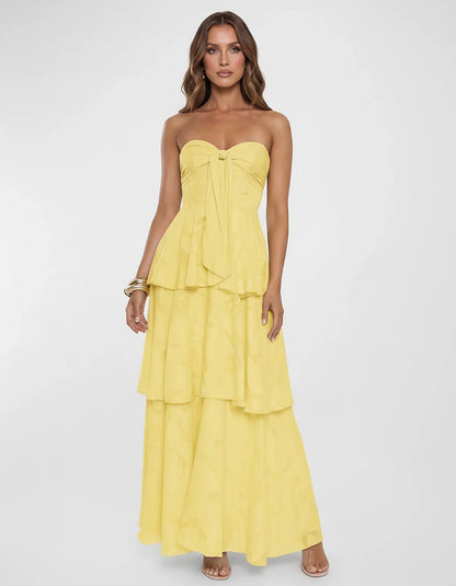 Chiffon Blend Strapless Sweetheart Tiered A-Line Maxi Dress for Party, Cocktail, Evening, Wedding Guest & Summer Events, fron | SKU: LM-482716503914827-YELLOW-L,LM-482716503914827-YELLOW-M,LM-482716503914827-YELLOW-S,LM-482716503914827-YELLOW-XL,LM-482716503914827-YELLOW-XS