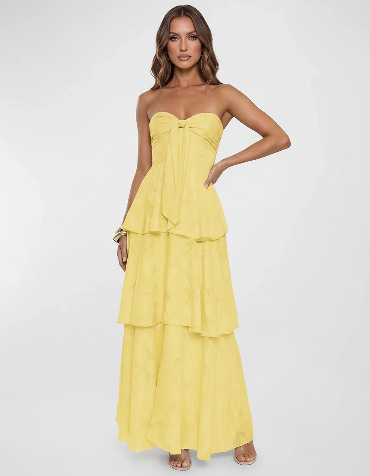 Chiffon Blend Strapless Sweetheart Tiered A-Line Maxi Dress for Party, Cocktail, Evening, Wedding Guest & Summer Events, fron | SKU: LM-482716503914827-YELLOW-L,LM-482716503914827-YELLOW-M,LM-482716503914827-YELLOW-S,LM-482716503914827-YELLOW-XL,LM-482716503914827-YELLOW-XS