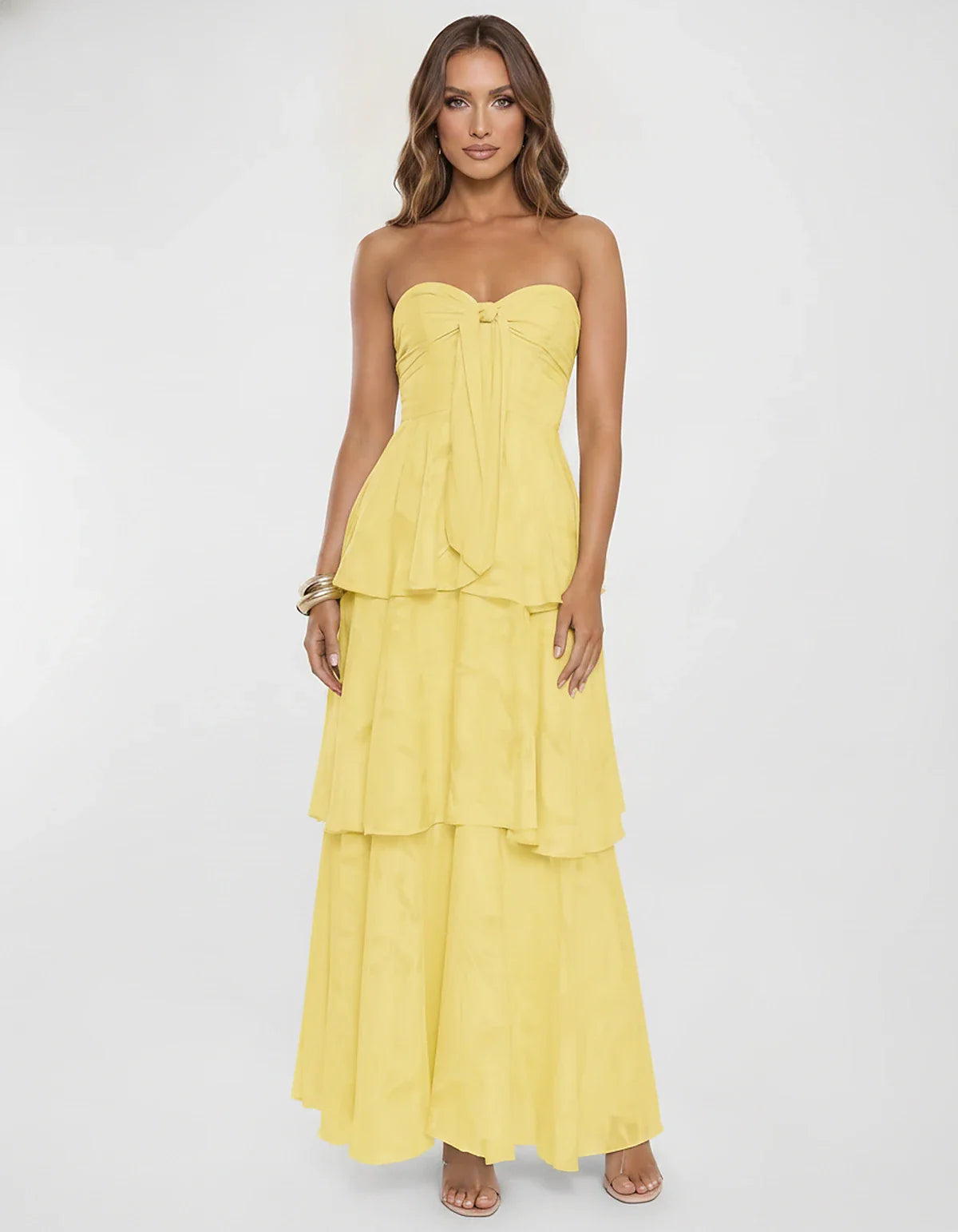 Chiffon Blend Strapless Sweetheart Tiered A-Line Maxi Dress for Party, Cocktail, Evening, Wedding Guest & Summer Events, fron | SKU: LM-482716503914827-YELLOW-L,LM-482716503914827-YELLOW-M,LM-482716503914827-YELLOW-S,LM-482716503914827-YELLOW-XL,LM-482716503914827-YELLOW-XS