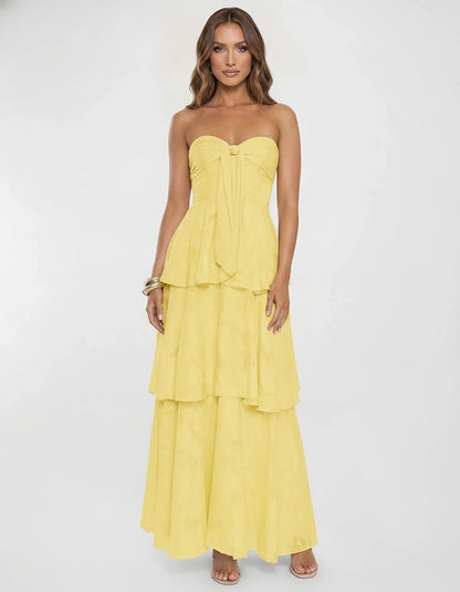 Chiffon Blend Strapless Sweetheart Tiered A-Line Maxi Dress for Party, Cocktail, Evening, Wedding Guest & Summer Events, fron | SKU: LM-482716503914827-YELLOW-L,LM-482716503914827-YELLOW-M,LM-482716503914827-YELLOW-S,LM-482716503914827-YELLOW-XL,LM-482716503914827-YELLOW-XS